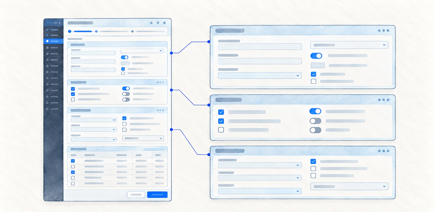Watercolor diagram of a seller admin listing page organized into reusable settings modules